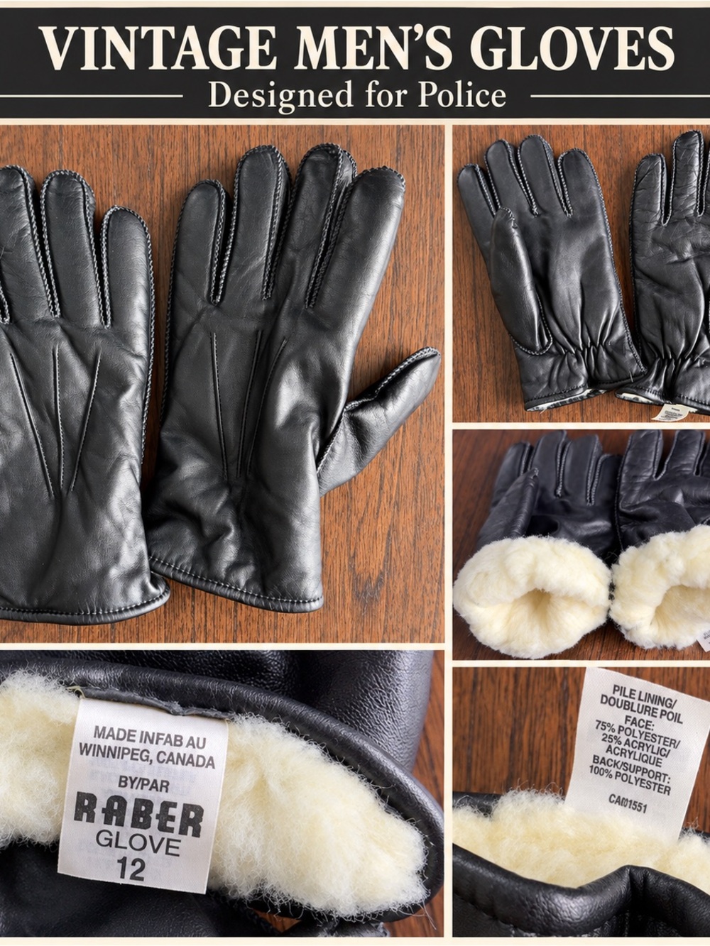 Vintage NWT Raber Men’s Black Leather Police Gloves – Size 12